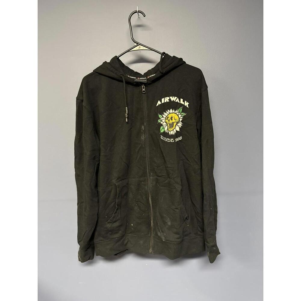 Airwalk Skull Sunflower Graphic Zip Hoodie Sweatshirt Black Size Small